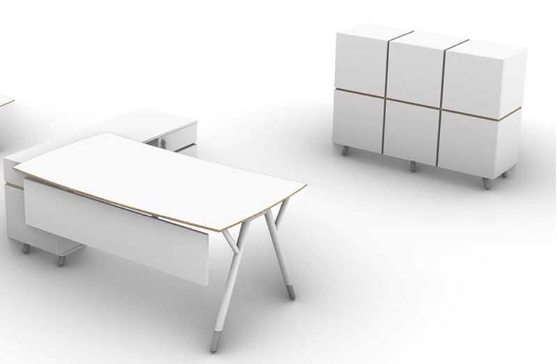 białe biurko na stelażu metalowym minimalistyczne szafy sysyem snabb